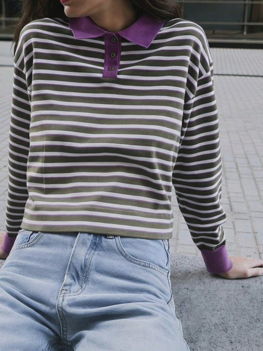 Olive Mauve Striped Polo Knit Top Contrast Collar Drop Shoulder Shirt